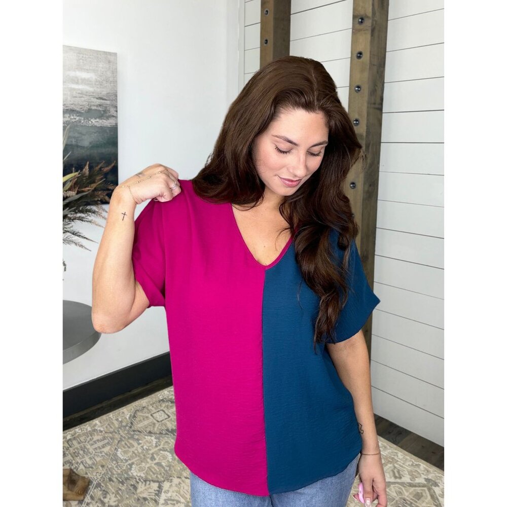 Entro Short Dolman Sleeve V Neck Split Color block Blouse